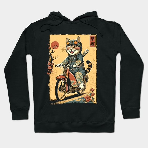 Japanese Samurai Cat on Motorcycle Kawaii Ninja Cat Hoodie by Apocatnipse Meow